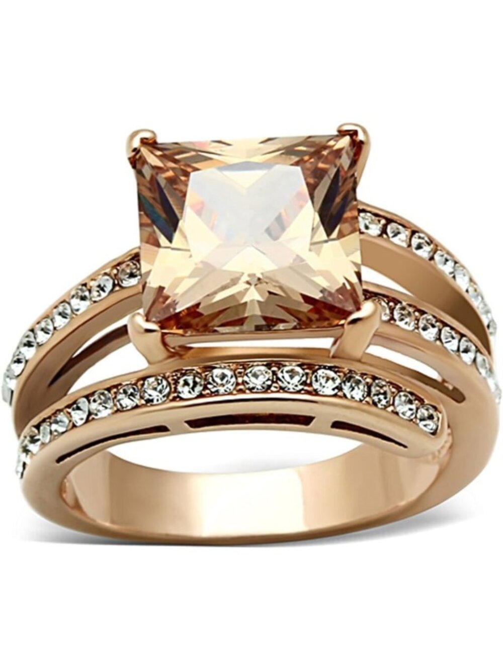 Stainless Steel Rose Gold Princess Cut Champagne Zirconia Cocktail Ring for